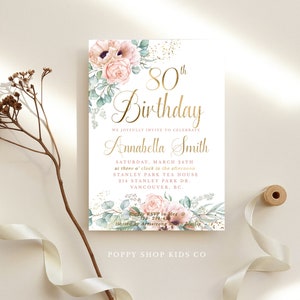 Fully Editable Watercolor Peony 80th Birthday Party Invitation | INSTANT DOWNLOAD | Floral Watercolor | Templett