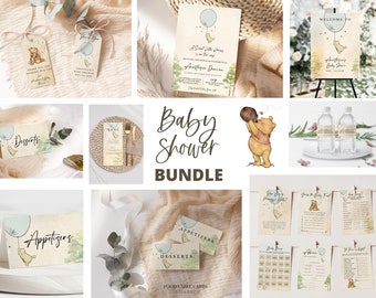 Baby Shower Bundle Lt. Grey Green Balloon Theme | Winnie the Pooh | Baby Shower Printable Bundle | Templett Bundle Instant Download