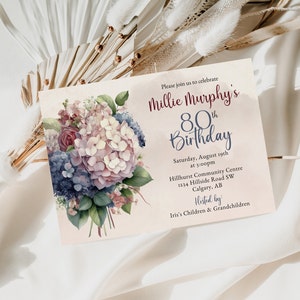 Vollständig bearbeitbare Aquarell-Hortensien-Blumenstrauß-Einladung | 80. Geburtstag Einladung | SOFORTIGER DOWNLOAD | Blumen Aquarell | Templett