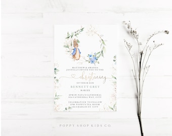 Taufeinladung - Peter Rabbit SOFORT-DOWNLOAD / Eukalyptus Grün Blau & Gold / Peter Rabbit Taufe Baby Junge Templett,