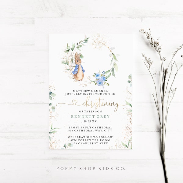 Christening Invitation - Peter Rabbit INSTANT DOWNLOAD / Eucalyptus Green Blue & Gold  / Peter Rabbit Baptism Baby Boy Templett,