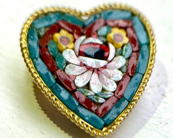 Vintage Italian Micro Mosaic Heart Brooch – Romantic Heirloom Jewelry, Venice Love Story, 1960s Floral Glass Tesserae Pin