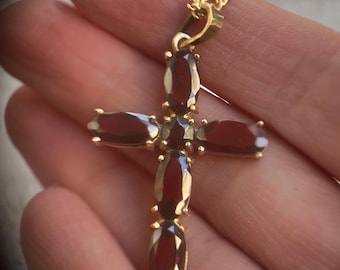 8K Gold Garnet Cross Necklace , Oval Red Stone Christian Pendant, Heirloom Jewellery