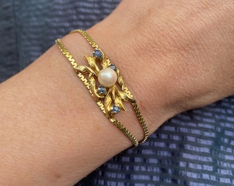 Vintage Gold Plated, 835 Silver Pearl Bracelet with Blue Stones – Art Nouveau / Art Nouveau, Floral Design