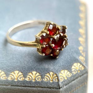 Könnte beinhalten: Ein goldfarbener Ring mit einem Cluster aus tiefroten Edelsteinen. Das Band des Rings hat eine hellere Goldfarbe, die mit den dunkleren Edelsteinen kontrastiert. Die Edelsteine sind in einem floralen Muster angeordnet.