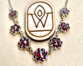 Antique Bohemian Garnet Necklace , Floral Design, Deep Red Garnets, Heirloom Jewellery.