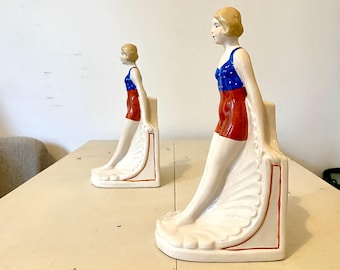 Art Deco Porcelain Bookends: Perfectly Poised Swimmers