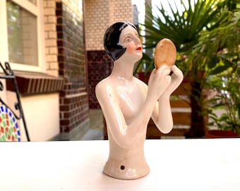 Vintage Art Deco Half Doll Figurine – Porcelain Lady with Mirror, Vanity Boudoir Collectible