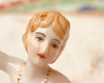 Porcelain Half Doll – Art Deco Flapper Pincushion Figurine – Romantic Collectible from Marseille Art Market.