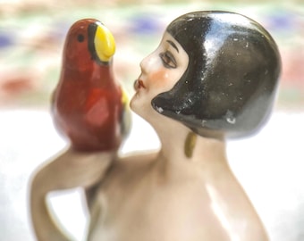 Vintage Porcelain Flapper Half-Doll with parrot – Tiny Glamor Girl for Your Vanity Table