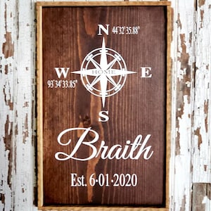 Personalized GPS Coordinates Sign, New Home Address Sign, Family Name GPS Sign ,Longitude Latitude with Compass Farmhouse Sign, Hand Painted
