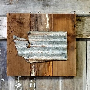 Corrugated WA State on Barn Wood, Rustic Washington, Rustic Home Decor, Reclaimed Wood, WA Wall Art, Distressed Sign 14&quot; x 12&quot;