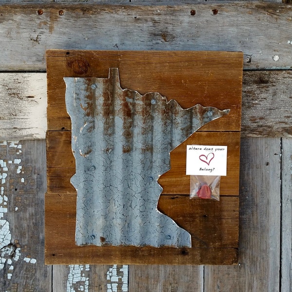 Any State, Corrugated MN State on Barn Wood, Rustic Minnesota, Rustic Farmhouse Decor,Reclaimed Wood,MN Wall Art, Distressed Sign 12" x 14"