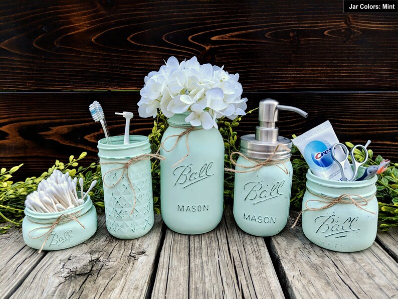 Painted Mason Jar Bathroom Set. Rustic Bathroom Decor. Mason Etsy