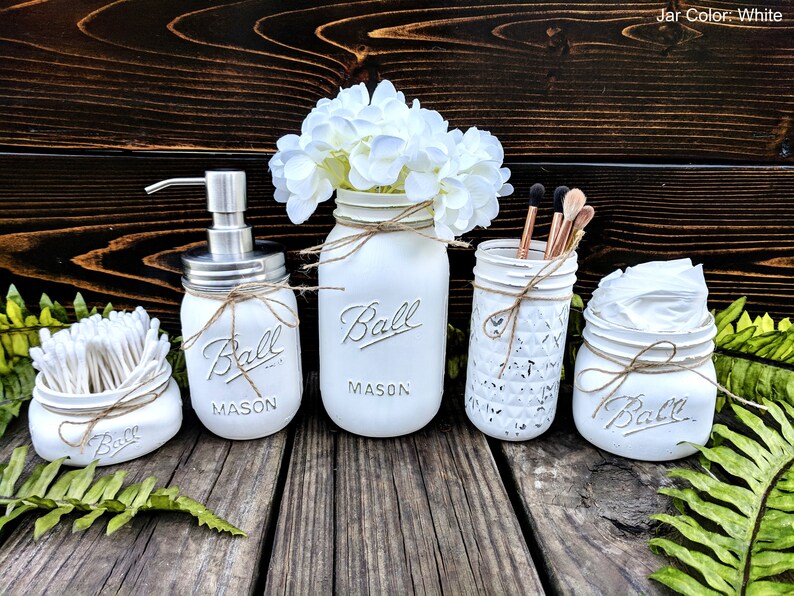 Painted Mason Jar Bathroom Set. Rustic Bathroom Decor. Mason Etsy