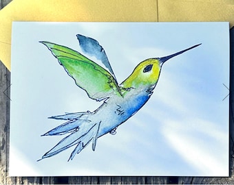 Biglietto d'auguri con colibrì - stampato da un acquerello originale di Tamara Gould. Interno vuoto, busta color oro metallizzato inclusa.