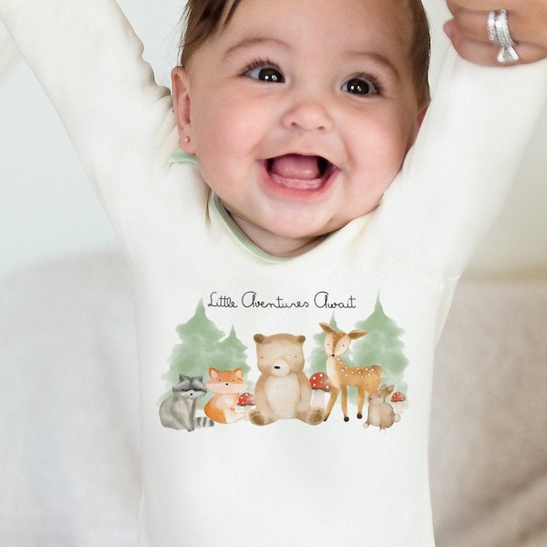 Organic Baby Clothes, Woodland Animals Bodysuit, Personalized Bodysuit, Gender Neutral Baby Outfit, Organic Cotton, Unisex Outfit