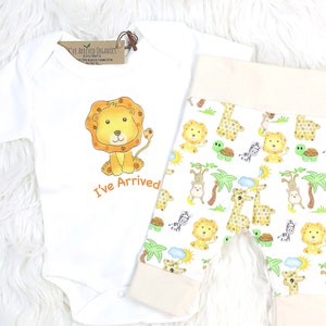 Organic Baby Boy Clothes, Organic Handmade Set, Friendly Lion Safari, Baby Boy Set, I've Arrived, Lion Baby Clothing, Lion Legging image 2