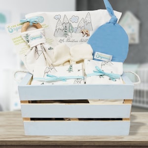 Baby Boy Gift Basket, Organic Baby Clothes, Personalize Baby's Name, Baby Shower Gift, Organic Baby Gift Basket, Little Adventures Await image 1