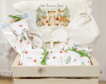 Gender Neutral Baby Gift Basket, Organic Baby Clothes, Forest Animals, Woodland Baby Shower, Personalized Crate, Bear, Fox, Deer, Bunny