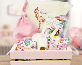 Baby Girl Gift Basket, Organic Baby Clothes, I've Arrived Baby, Flamingo Baby Gift, Baby Flamingo, Baby Shower Gift, Coming Home Baby Girl