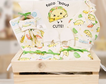 Gender Neutral Baby Gift Basket, Organic Baby Clothes, Tacos Baby Gift, Fiesta Baby Shower, Personalized Crate, Newborn Baby Shower, Foodie
