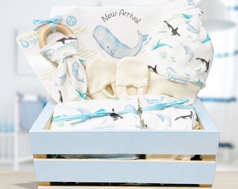 Baby Gift Basket, Nautical Whale Theme, Welcome Baby Gift, Organic Baby Clothes, Baby Shower Gift, Ocean Theme Newborn Gift, New Baby Gift