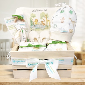 Gender Neutraler Babykorb, Safari-Babykleidung, Bio-Babykleidung, Giraffen, Tiger, personalisieren Kiste, Neugeborenes, Babypartygeschenk