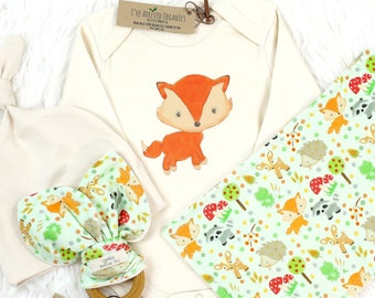Bebé de género neutro, ropa de bebé orgánica, zorro del bosque, amigos del bosque, baby shower de zorro, regalo de baby shower, conjunto de regalos orgánicos