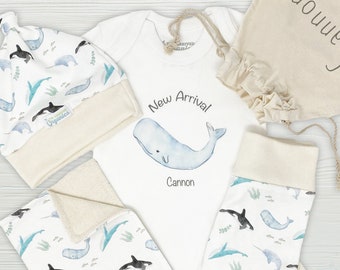 Personalized Organic Baby Clothes Set: Whale Nautical Gift
