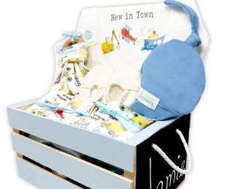 Baby Boy Gift Basket, Organic Baby Clothes, Personalized Baby Gift, Baby Shower Gift, Trucks, Cars, Airplanes, Boats, Auto, New in Town