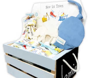 Baby Boy Gift Basket, Organic Baby Clothes, Personalized Baby Gift, Baby Shower Gift, Trucks, Cars, Airplanes, Boats, Auto, New in Town