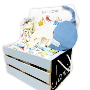 Personalized Organic Baby Boy Gift Basket: New in Town Vehicle Theme