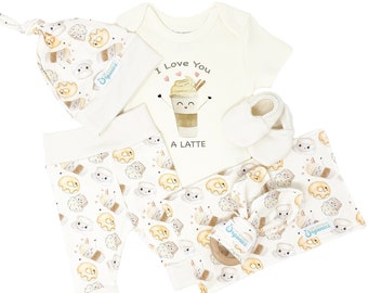 Gender Neutral Baby Clothes, Organic Baby Shower Gift, I Love You A Latte, Coffee and Breakfast Baby Outfit, Care Package, Newborn Baby Gift