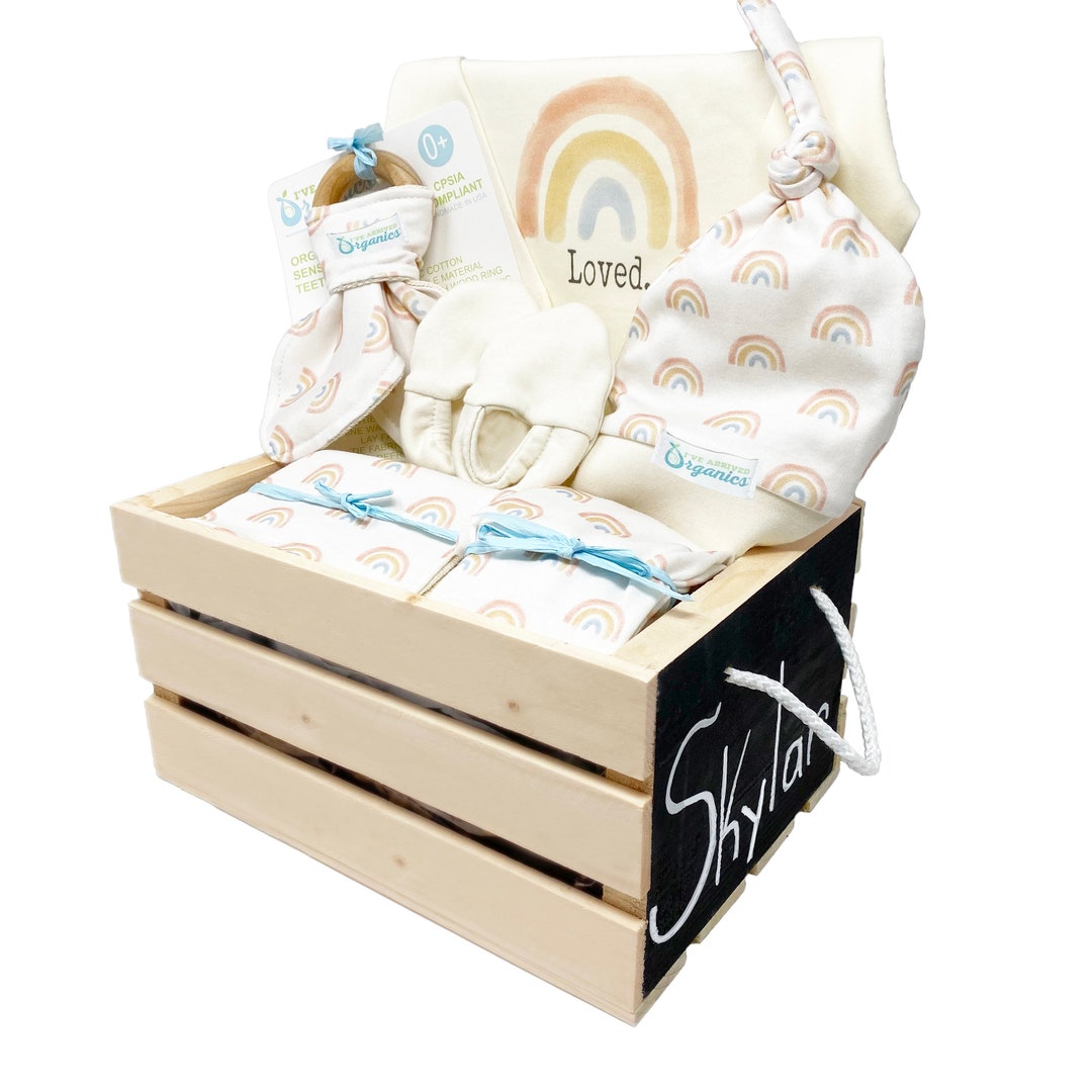 Gender Neutral Baby Gift Basket, Organic Baby Clothes, Unisex Rainbow ...