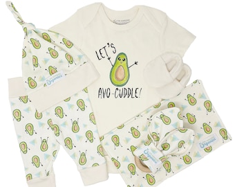 Organic Baby Clothes, Gender Neutral Baby Gift, Avocado, Baby Shower Gift Box, Let's Avo-Cuddle, Hospital Care Package, Newborn Clothing