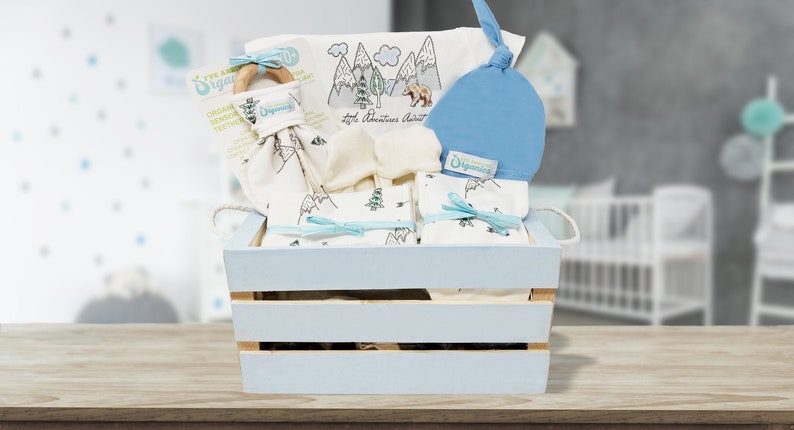 Baby Boy Gift Basket, Organic Baby Clothes, Personalize Baby's Name, Baby Shower Gift, Organic Baby Gift Basket, Little Adventures Await image 1