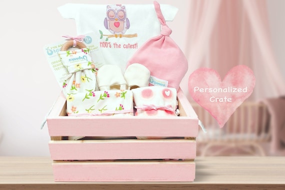 Cesta de regalo personalizada para bebé, nombre personalizado, rosa,  orgánica, niña