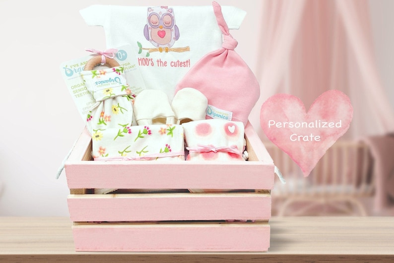 Baby Mädchen Geschenkkorb, Bio-Baby-Kleidung, personalisiertes Baby-Geschenk, Bio-Eule handgemachtes Set, Baby-Dusche-Geschenk, nach Hause kommen Baby Mädchen Bild 1