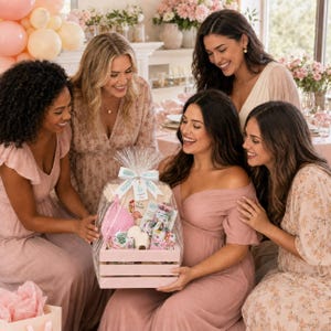 May include: A light pink wooden crate gift set containing a pink baby onesie with a flamingo graphic, a small white plush toy, and various baby care items, all wrapped in clear cellophane with a white ribbon featuring the text Made with Love.