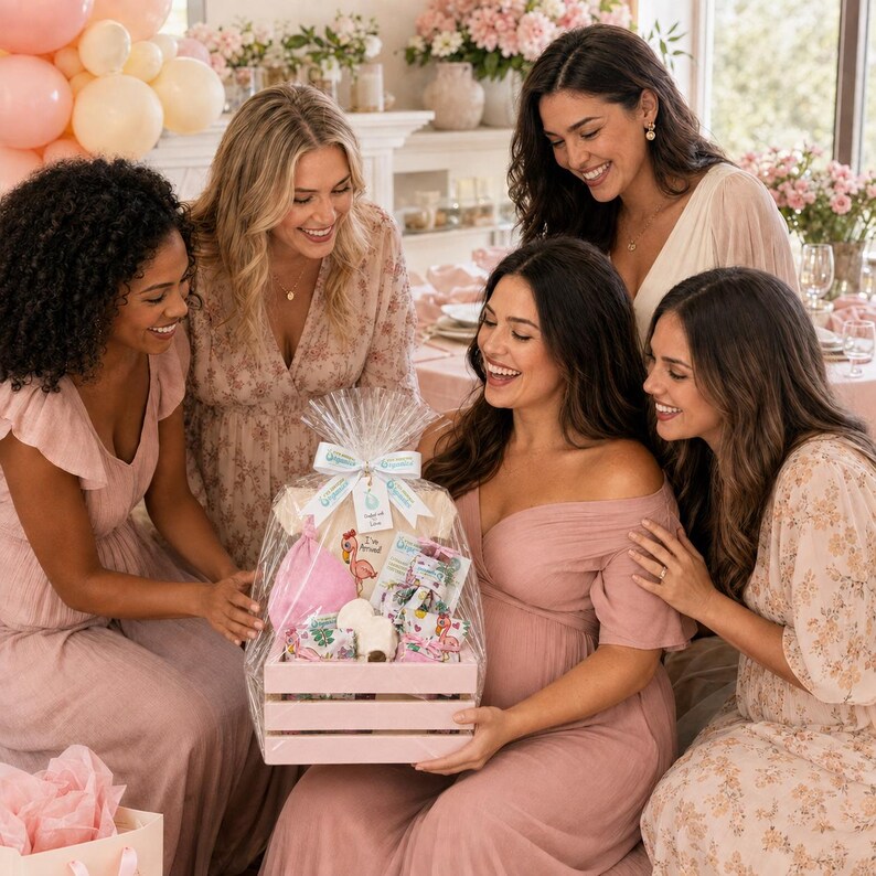 May include: A light pink wooden crate gift set containing a pink baby onesie with a flamingo graphic, a small white plush toy, and various baby care items, all wrapped in clear cellophane with a white ribbon featuring the text Made with Love.