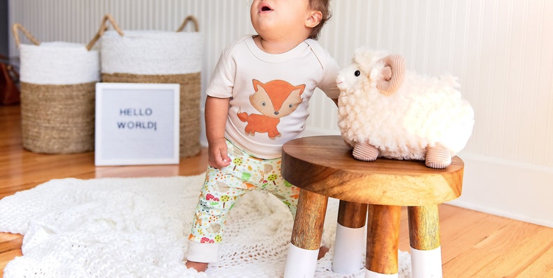 May include: A baby wearing a cream colored shirt with a fox graphic and green and white patterned pants stands on a wooden stool. A white plush lamb sits on the stool. The sign behind the baby reads "Hello World!"