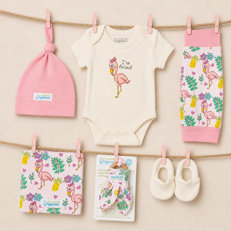May include: A baby clothing set featuring a pink knotted hat, a cream-colored short-sleeve bodysuit with a flamingo graphic and the text I've Arrived!, pink leggings with a flamingo and pineapple print, a matching square cloth, a wooden teether, and booties.