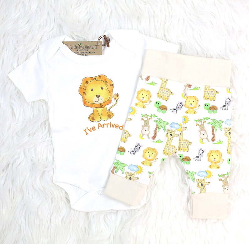 Organic Baby Boy Clothes, Organic Handmade Set, Friendly Lion Safari, Baby Boy Set, I've Arrived, Lion Baby Clothing, Lion Legging image 2