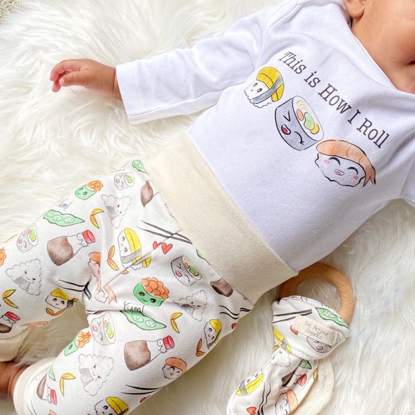 Organic Baby Clothes, Sushi Gender Neutral Outfit, Organic Baby Wear, Sushi Baby Shower, Coming Home Baby, Unisex Baby Bodysuit and Leggings