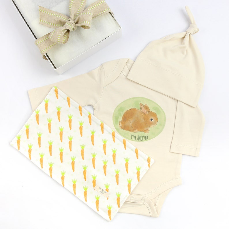 Organic Baby Clothes burpcloth Bunny Baby Clothes Baby Gifting Baby Shower Gift washcloth Baby Bodysuit knot cap Gender Neutral Baby