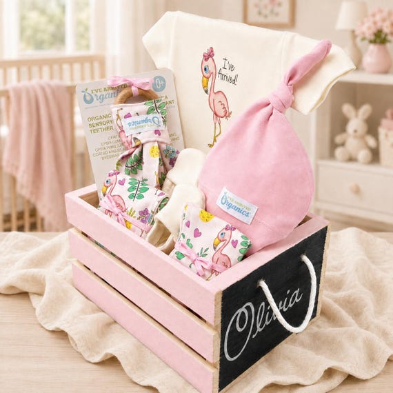 Personalized Organic Baby Girl Gift Basket, Flamingo Newborn Clothing Set