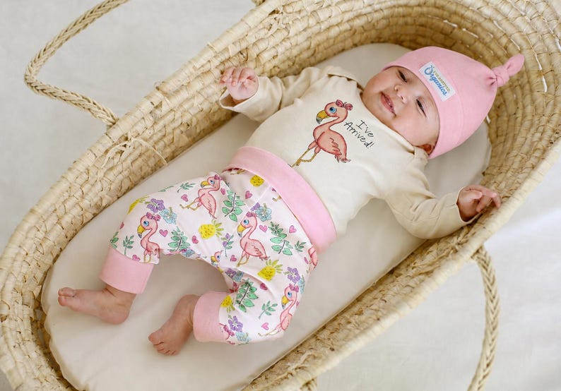 May include: A baby outfit consisting of a cream-colored long-sleeve shirt with a pink flamingo graphic and the text "I've Arrived!", pink pants with a flamingo and floral pattern, and a matching pink knotted beanie hat with a small white label.