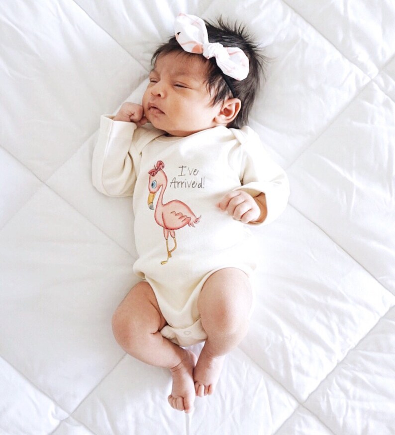 May include: A long-sleeved cream-colored bodysuit featuring a pink flamingo illustration and the text I've Arrived! in black script. The garment is worn with a matching cream and pink patterned bow headband, showcasing a soft, neutral aesthetic.