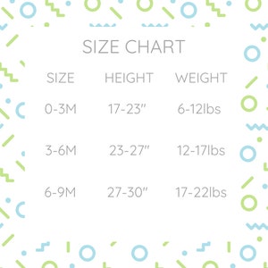 Puede incluir: Una tabla de tallas con formas geom&eacute;tricas azul claro y verde lima en el borde. El texto dice SIZE CHART, SIZE, HEIGHT y WEIGHT. Las filas muestran 0-3M a 17-23 pulgadas y 6-12 lbs, 3-6M a 23-27 pulgadas y 12-17 lbs, 6-9M a 27-30 pulgadas y 17-22 lbs.
